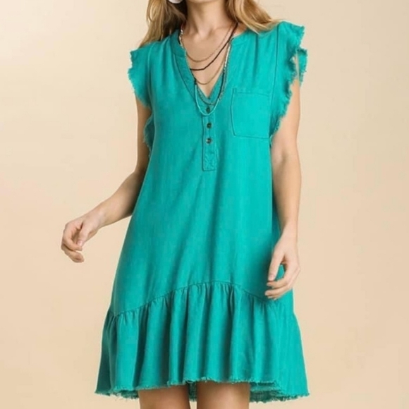 Umgee Dresses & Skirts - Umgee Green Linen Blend Raw Hem Flutter Sleeve Mini Dress Size Small